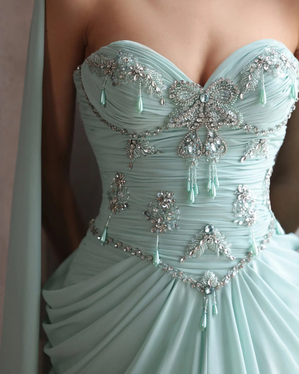 Aqua Beaded Evening Dress with Cape-14