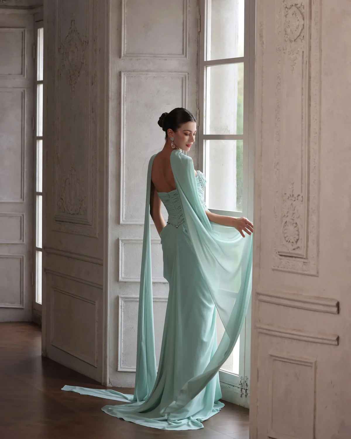 Aqua Beaded Evening Dress with Cape-19