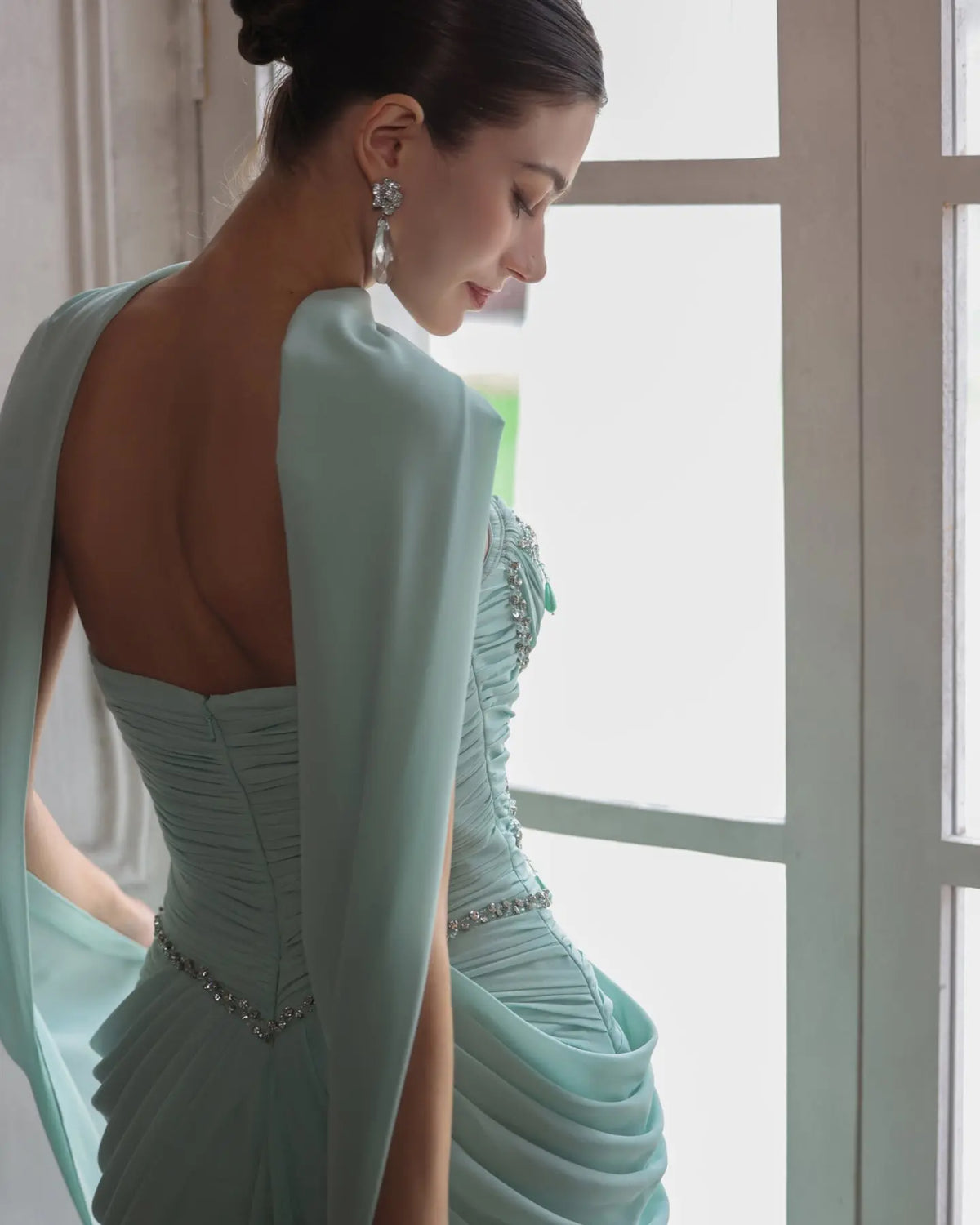 Aqua Beaded Evening Dress with Cape-11