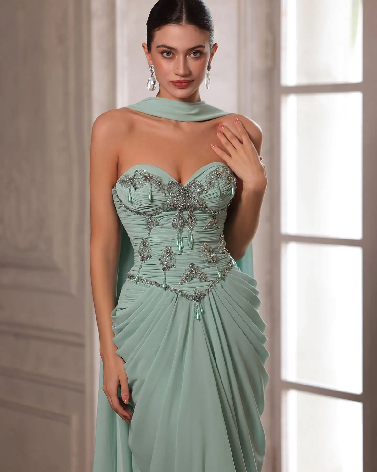 Aqua Beaded Evening Dress with Cape-16