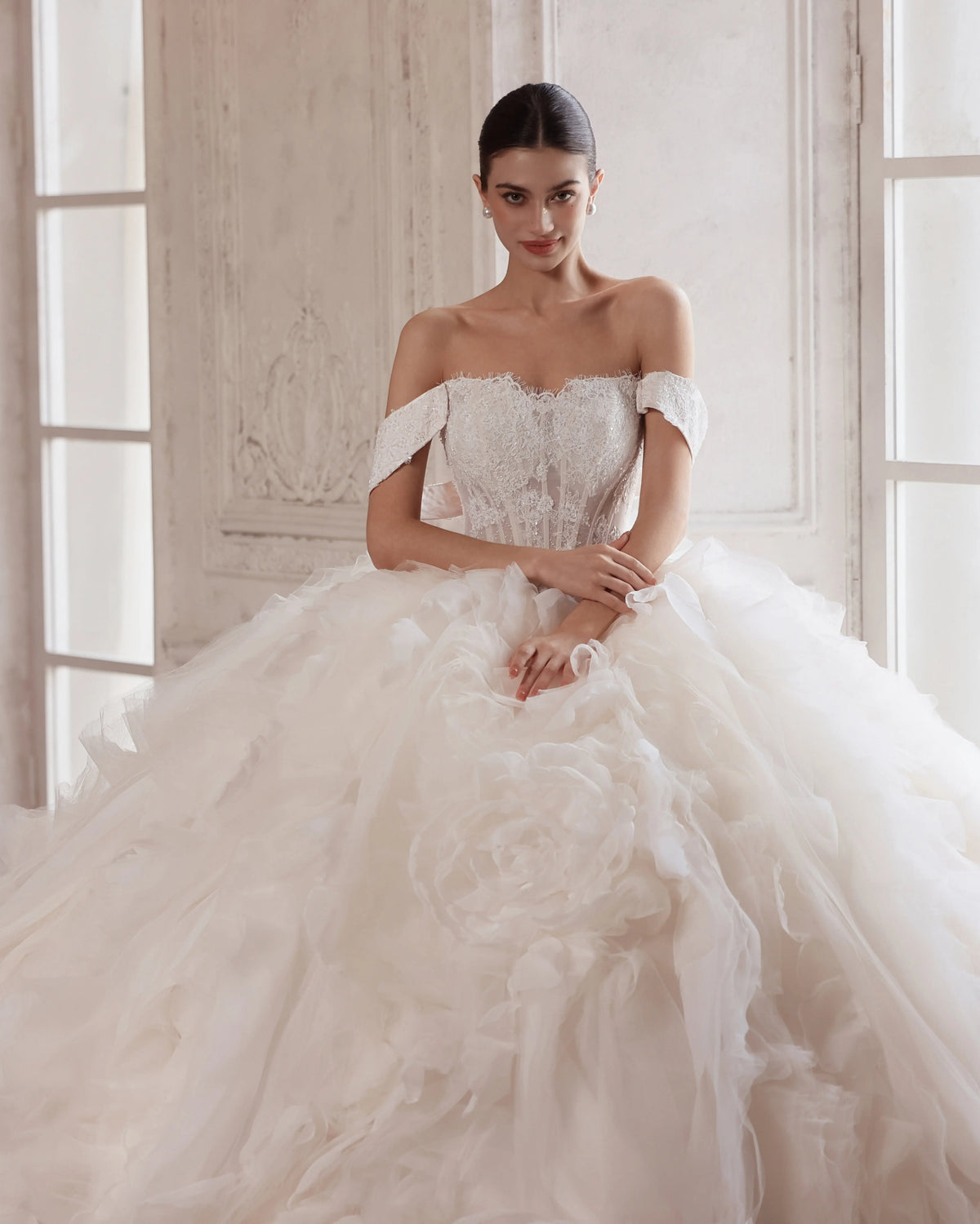 Off White Lace Corset Tiered Ruffle Tulle Wedding Dress