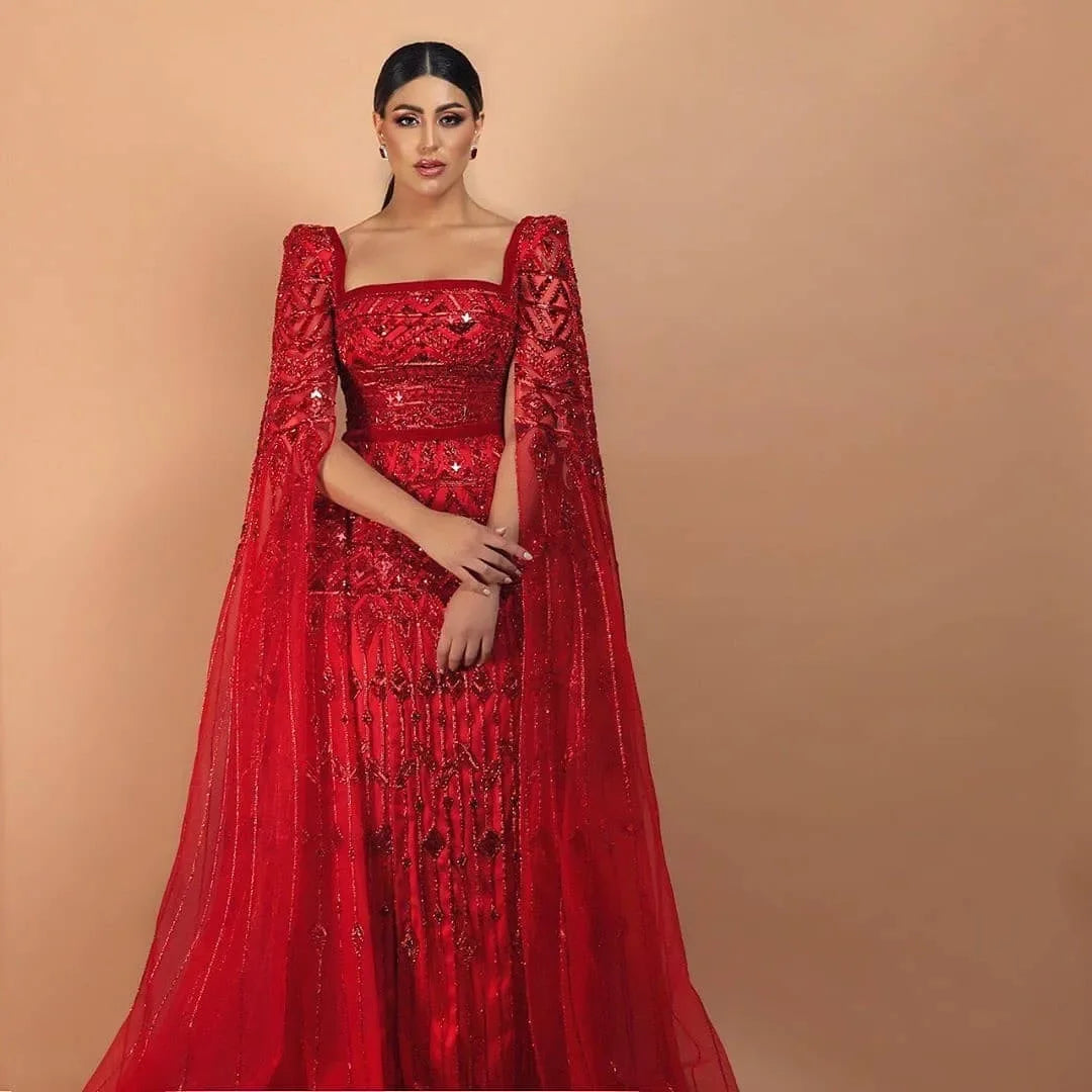 Sharon Said Luxuriöses, weinrotes, arabisches, burgunderfarbenes Abendkleid mit Cape-Ärmeln 2024, elegante Dubai-Partykleider für Frauen als Hochzeitsgäste SS461