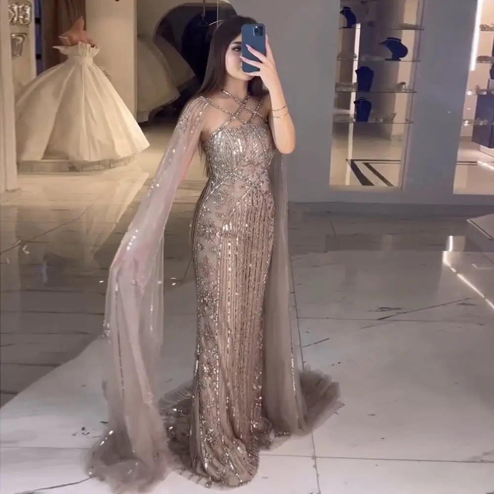 Luxury Aqua Crisscross Evening Dress with Cape Sleeves SS391 