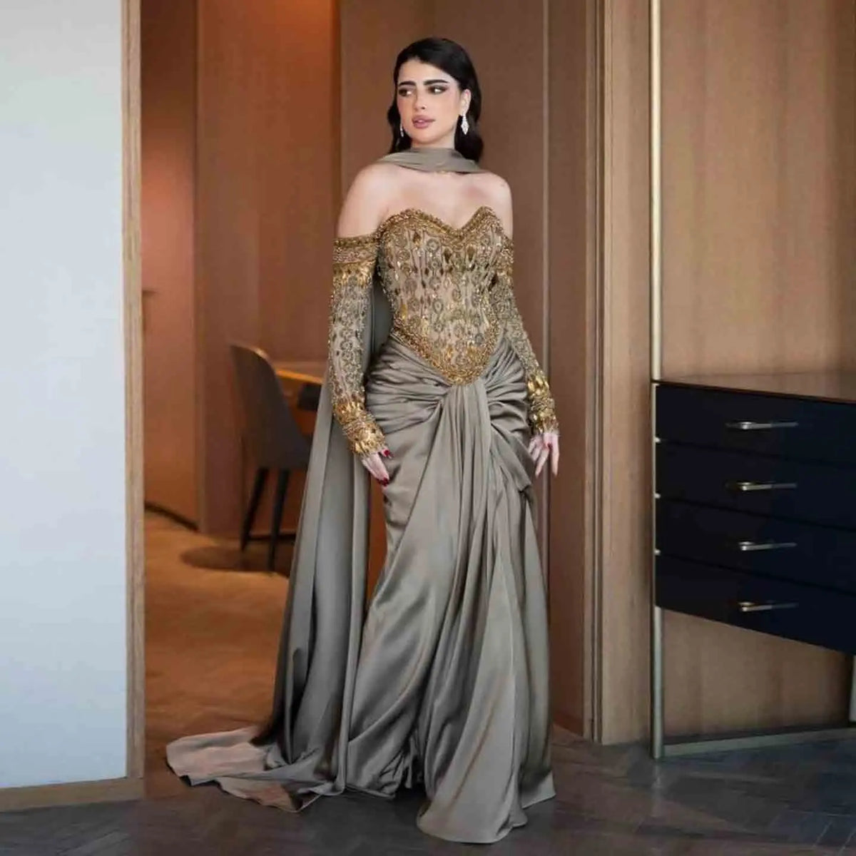 Luxury Gray Embellished Cape Fitted Evening Dress with Scarf SS564 