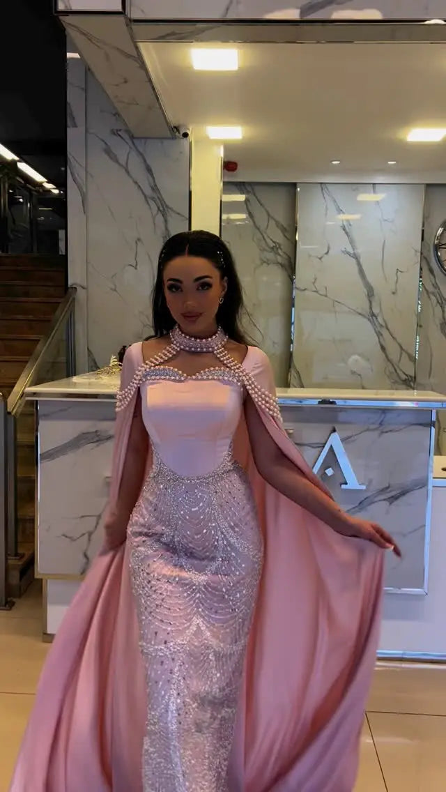 Luxury Pink Beaded Evening Dress with Cape Sleeves SS662 Luxury Pink Beaded Evening Dress with Cape Sleeves SS662