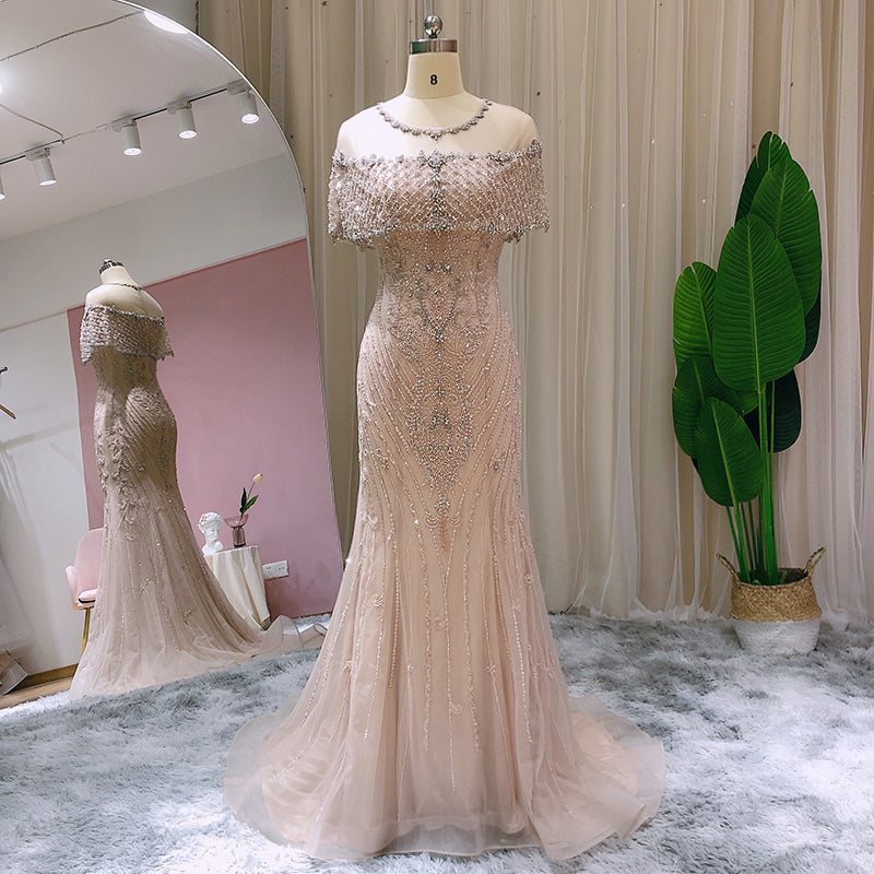 Sharon Said Champagner Meerjungfrau Perlen Arabisch Abendkleid Flügelärmeln Luxus Dubai Formale Party Kleider für Frauen Hochzeit SS144
