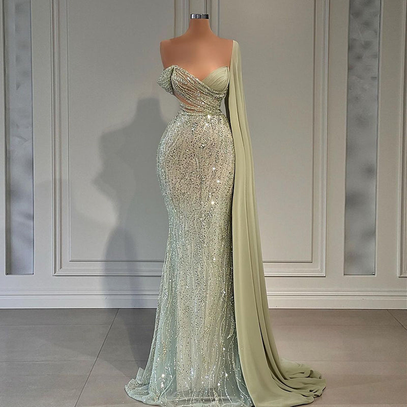 Luxury Beaded Green Mermaid Prom Dress with Cape Sleeve RM034