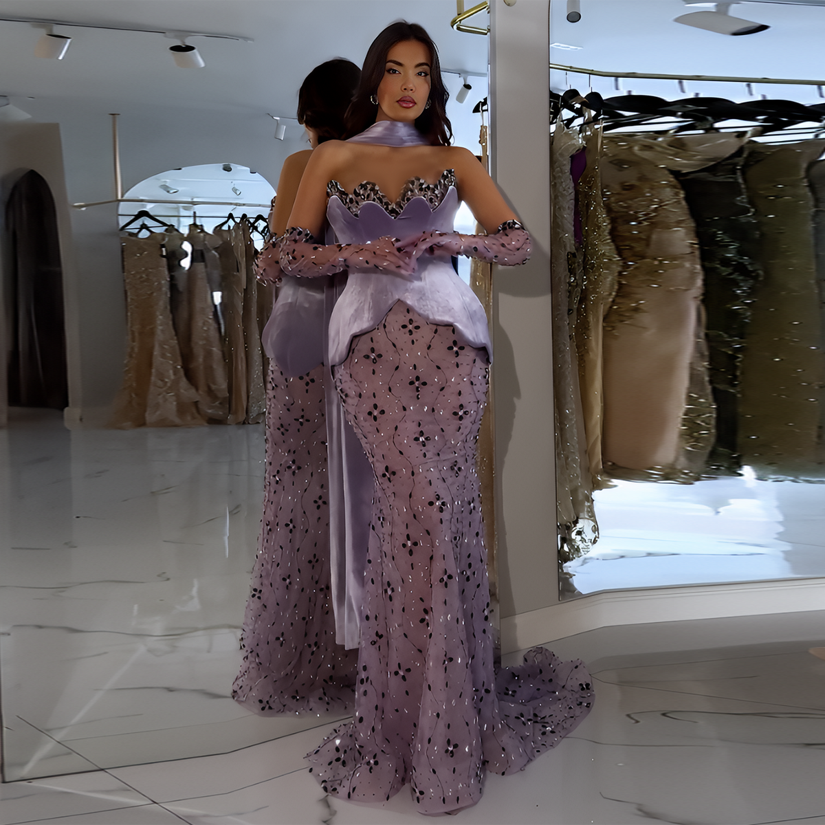 Elegant Beaded Strapless Purple Evening Dress with Scarf and Gloves SS269