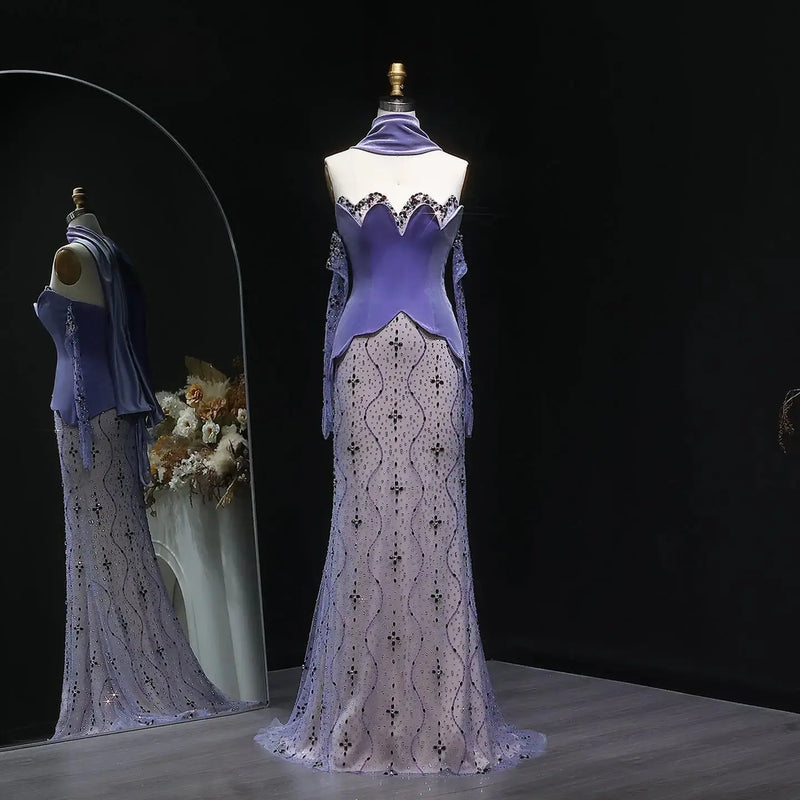 Elegant Beaded Strapless Purple Evening Dress with Scarf and Gloves SS269 