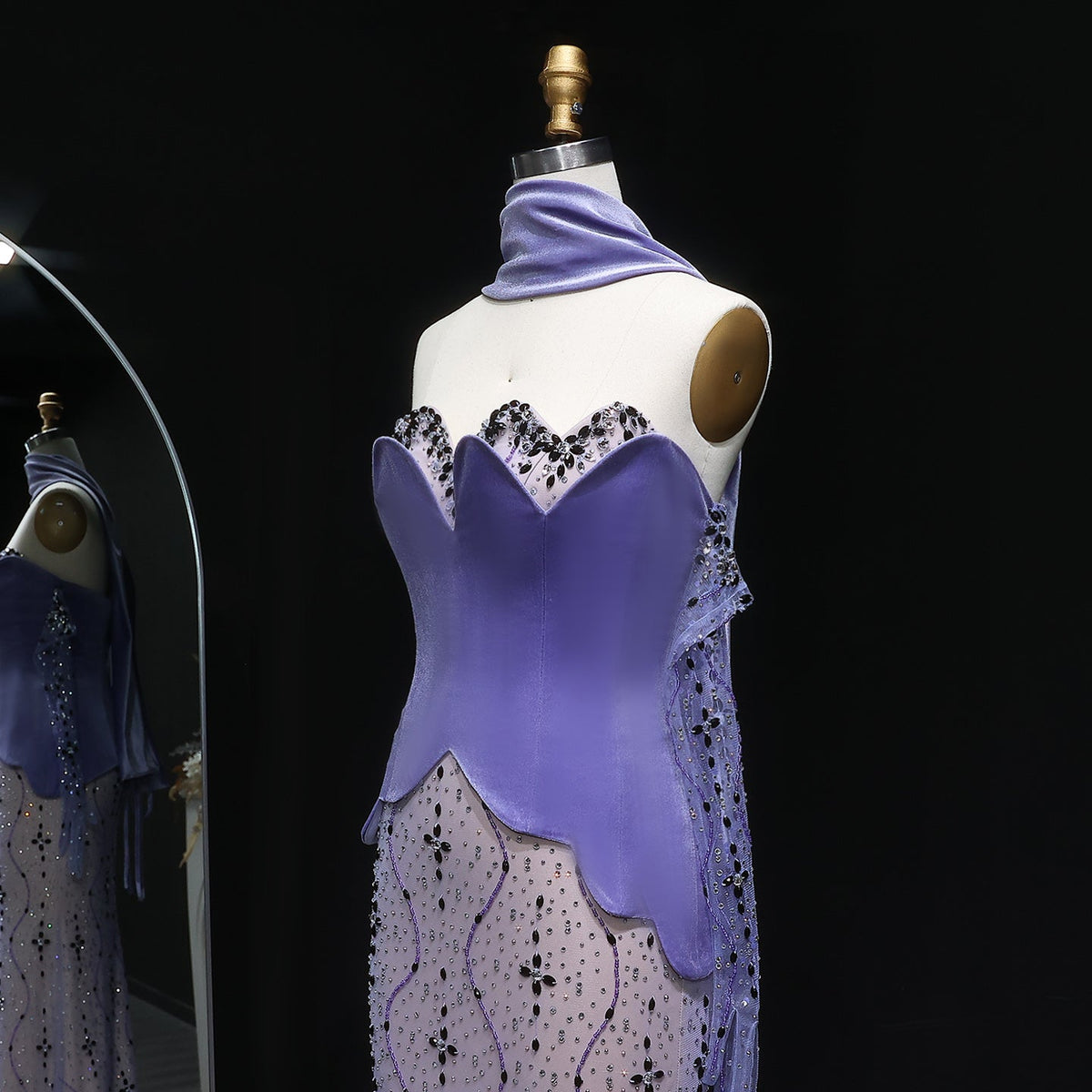 Elegant Beaded Strapless Purple Evening Dress with Scarf and Gloves SS269