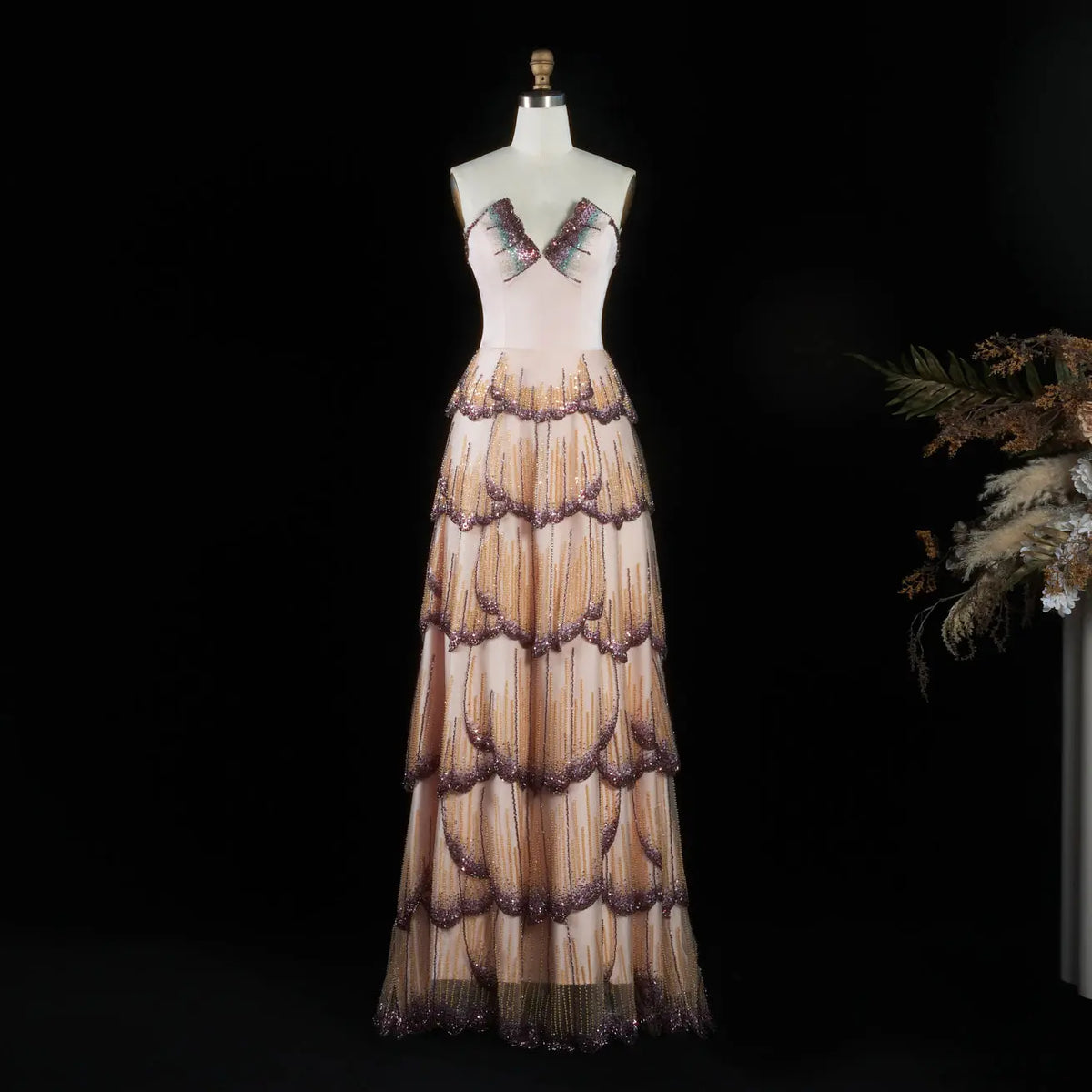 Purple Beaded Sequin Strapless Evening Dress SS657