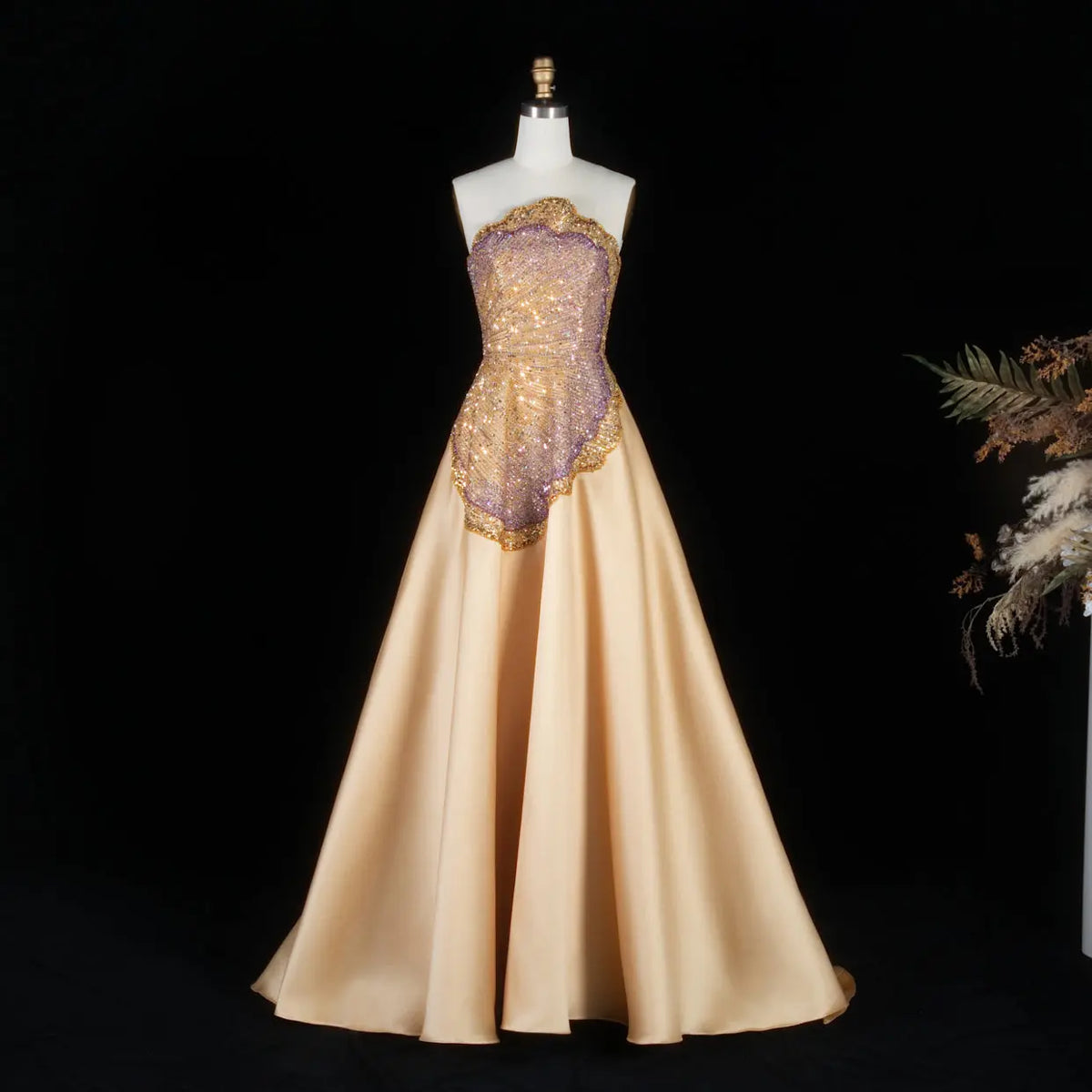 Luxury Strapless Crystal Beaded Evening Dress with Flowing Champagne Satin Skirt SS377