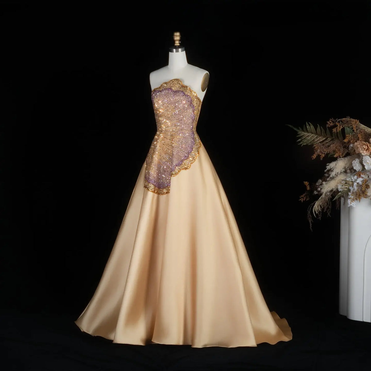 Luxury Strapless Crystal Beaded Evening Dress with Flowing Champagne S – SHARONSAID