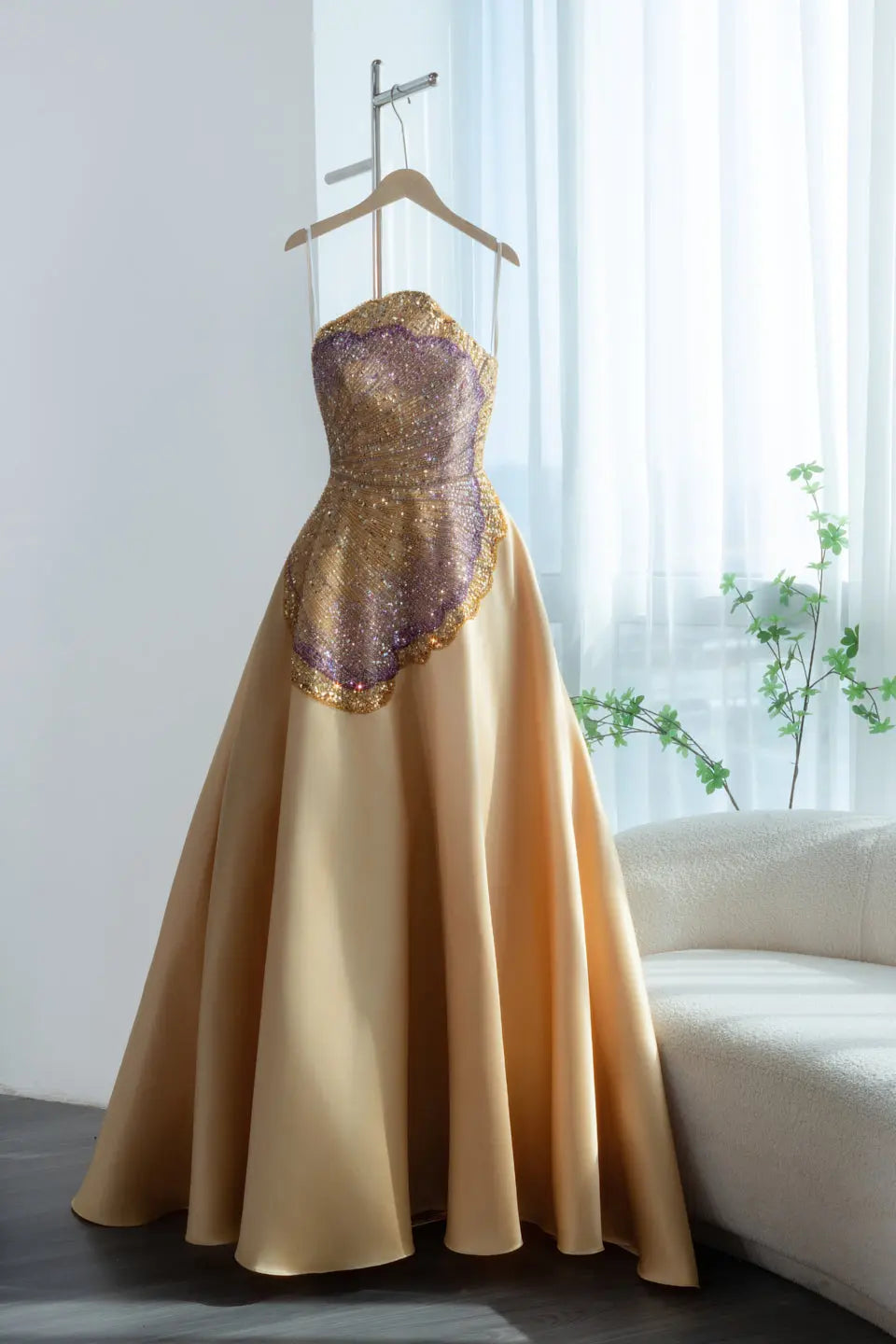 champagne gold cocktail dress Luxury Strapless Crystal Beaded Evening Dress with Flowing Champagne S – SHARONSAID