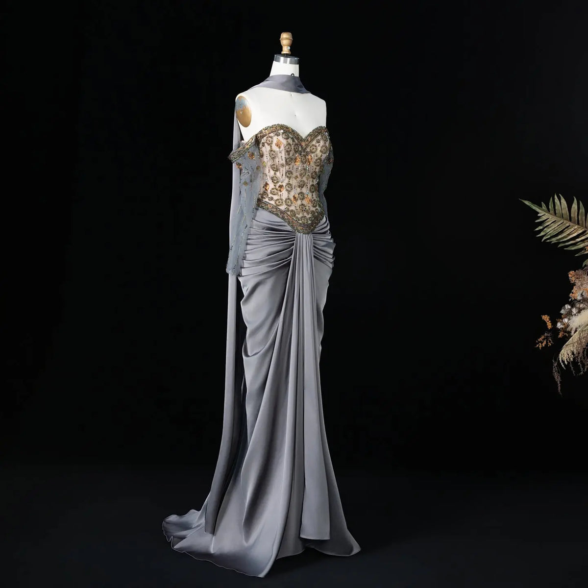 Gray Embellished Cape Fitted Evening Dress SS564