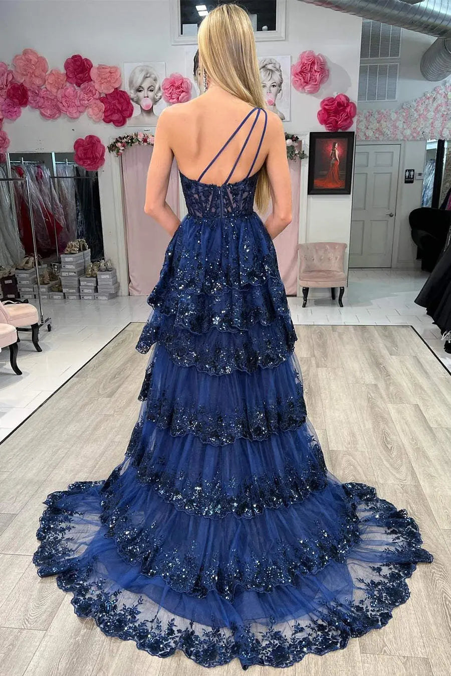 navy blue ruffle prom dress Halter A-Line Blue Satin Long Ruffled Prom Dress With Slit
