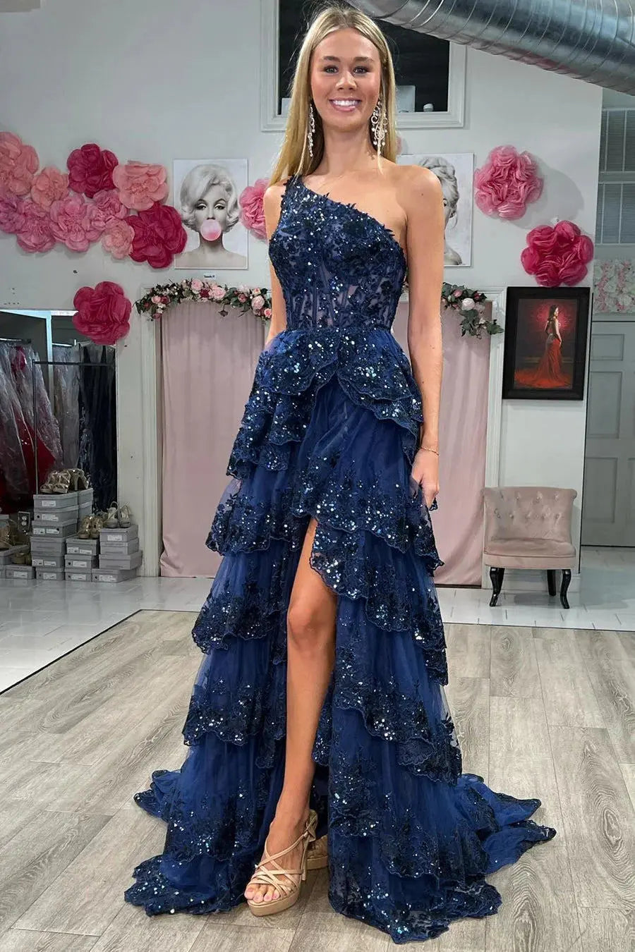 Vibrant Navy Blue Ruffles One shoulder Prom Dress with High Slit SH156