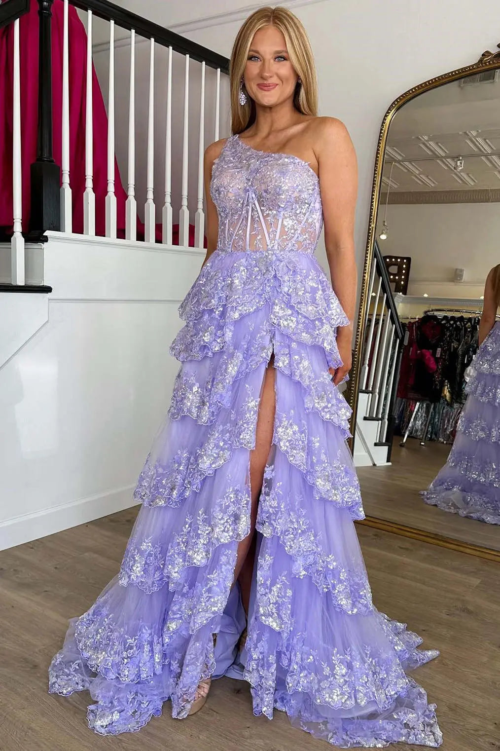 Vibrant Navy Blue Ruffles One shoulder Prom Dress with High Slit SH156
