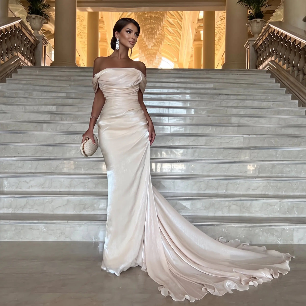 Elegant Off Shoulder Arabic Mermaid Beige Evening Dress SF001