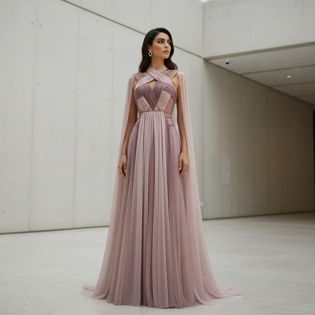 Glamorous Trendy Ombre Pink Evening Dress with Cape SS309 