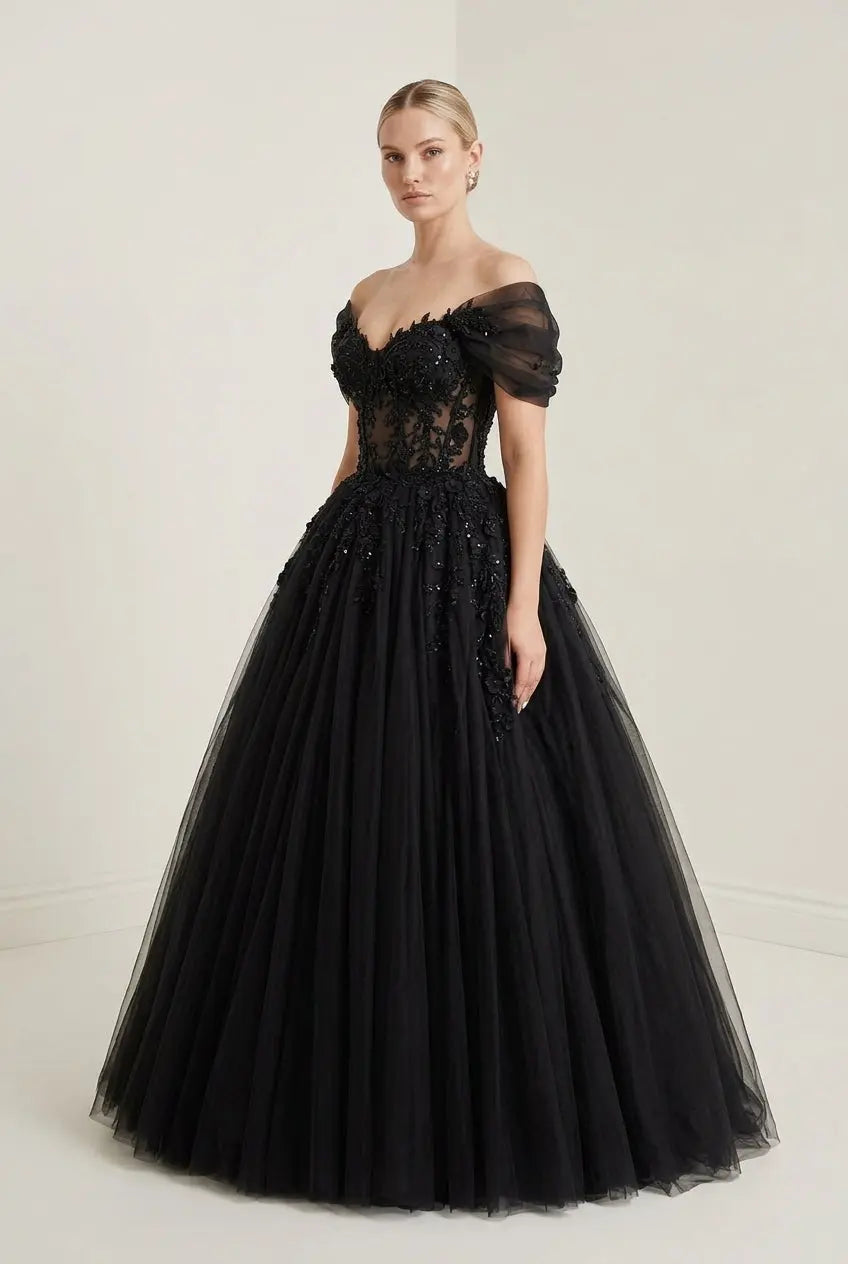 Black Gothic Corset Floral Tulle Wedding Dress SW556