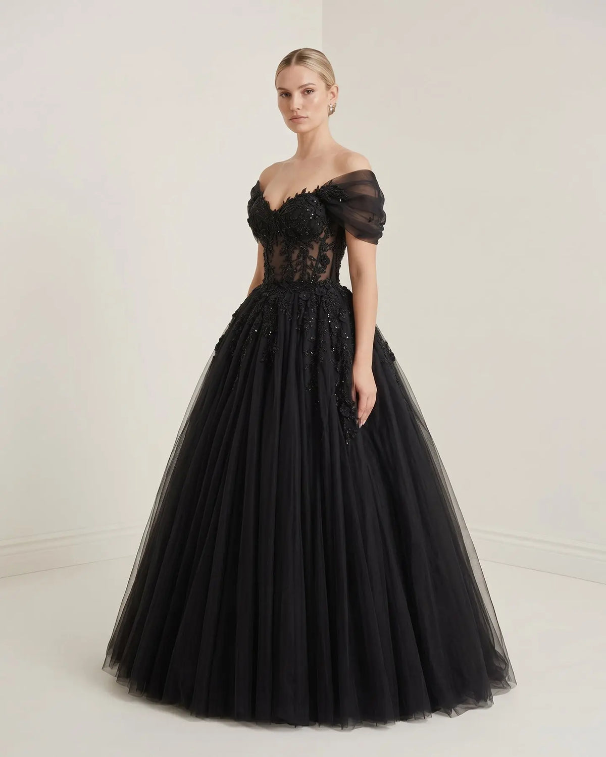 Black Gothic Corset Floral Tulle Wedding Dress SW556