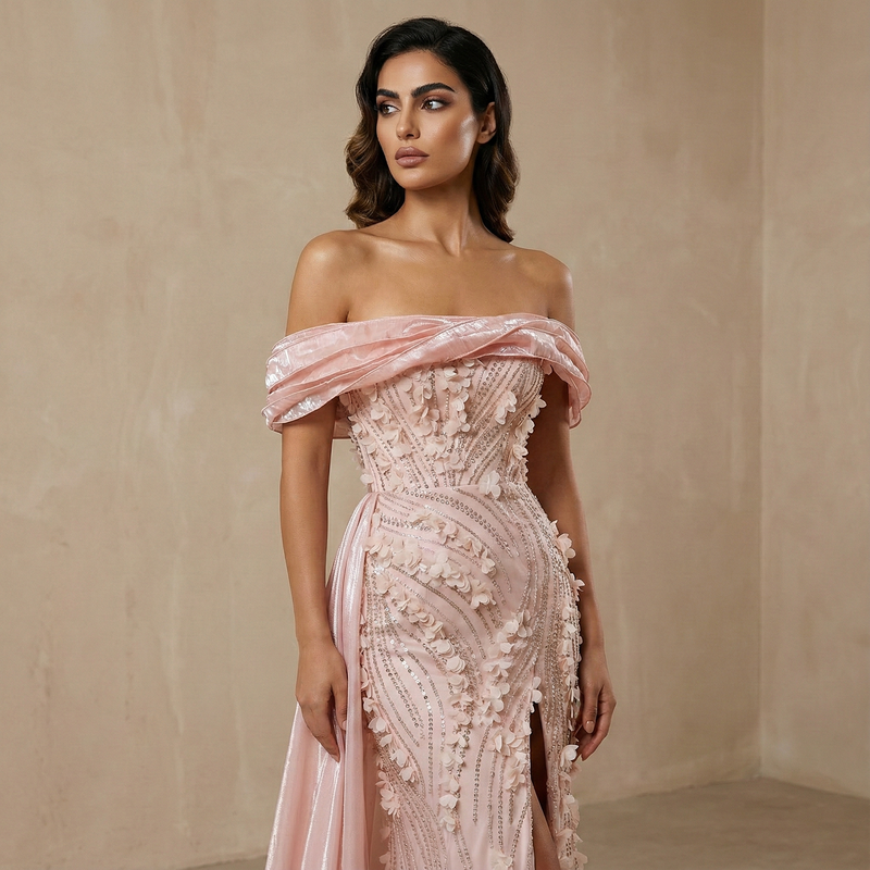 Glamorous Pink Sequin 3D Floral Off-the-Shoulder Evening Dress SS604 
