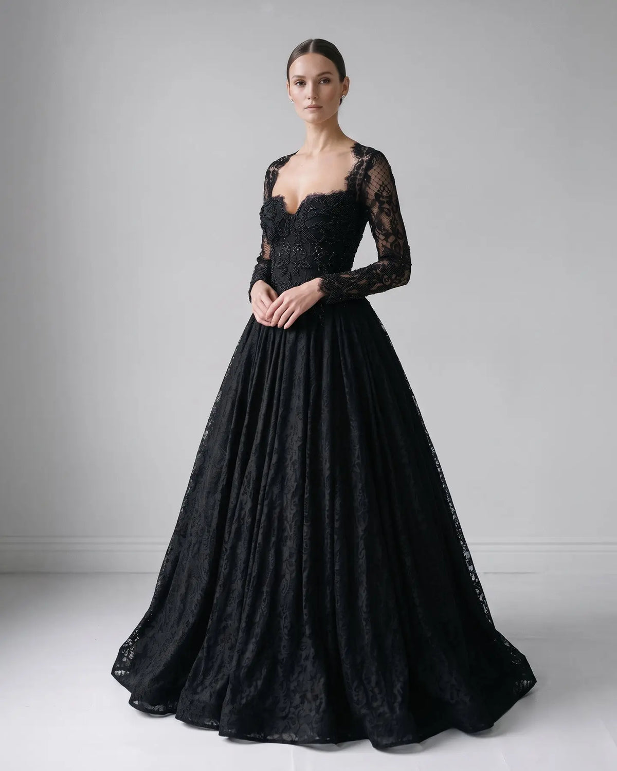 Black Gothic Beaded Lace Ball Gown Dress SW557