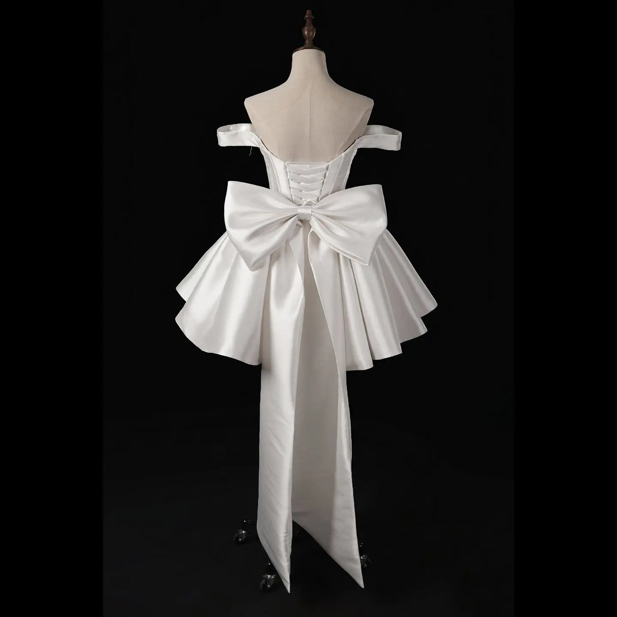 Elegant Lvory Off-the-Shoulder Satin Wedding Dress with Large Bow SW720 Elegant Lvory Off-the-Shoulder Satin Wedding Dress with Large Bow SW720