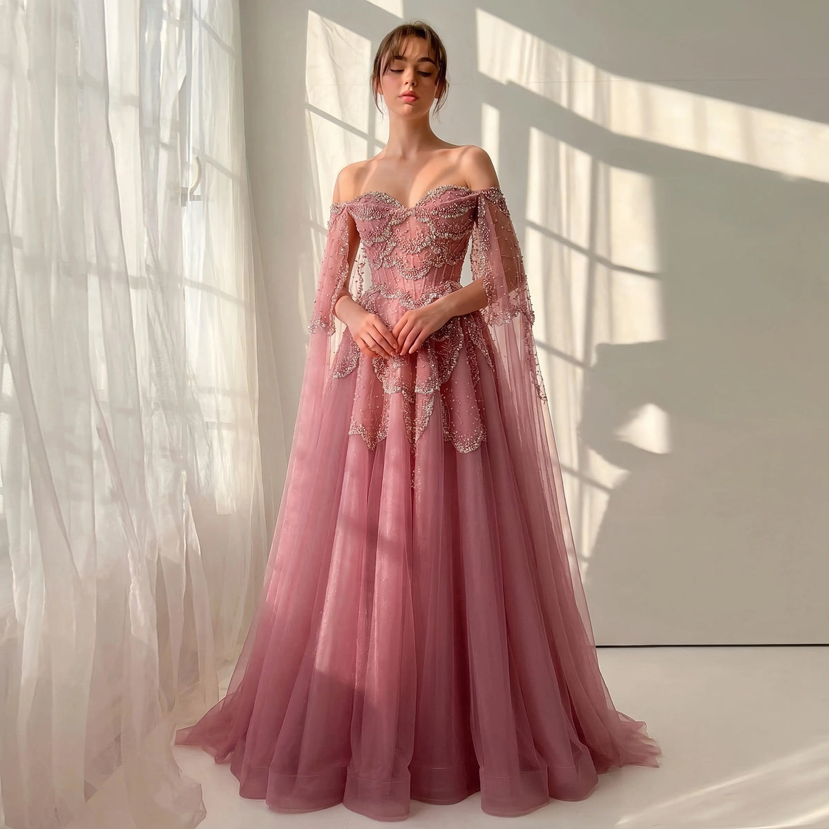 Elegant Off Shoulder Sage Green Evening Dress with Cape Sleeves SS215 