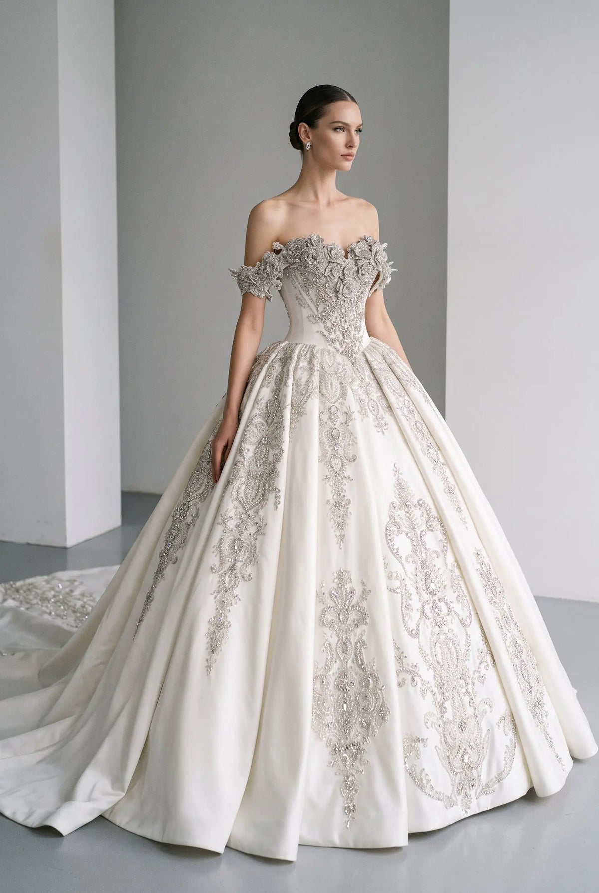 Ivory Satin Silver Embroidery Ball Gown Dress SW606