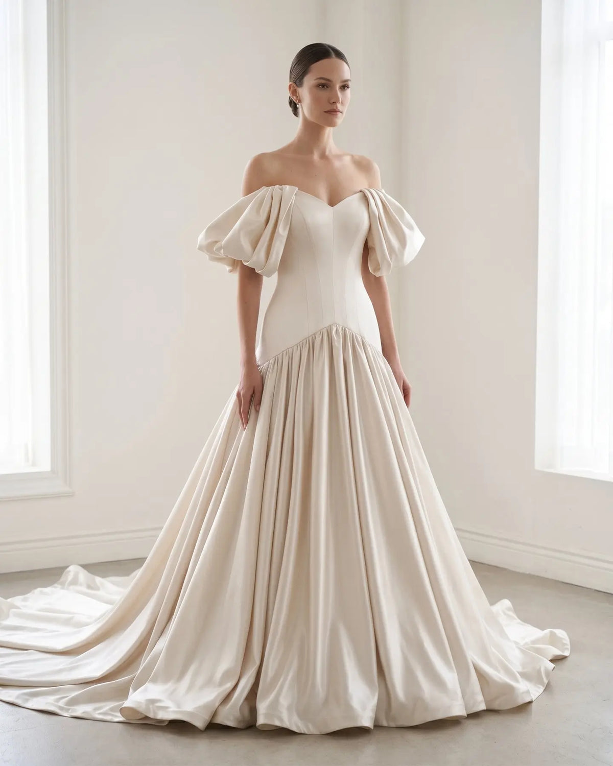 White Satin Puff Sleeve Ball Gown Wedding Dress SW192