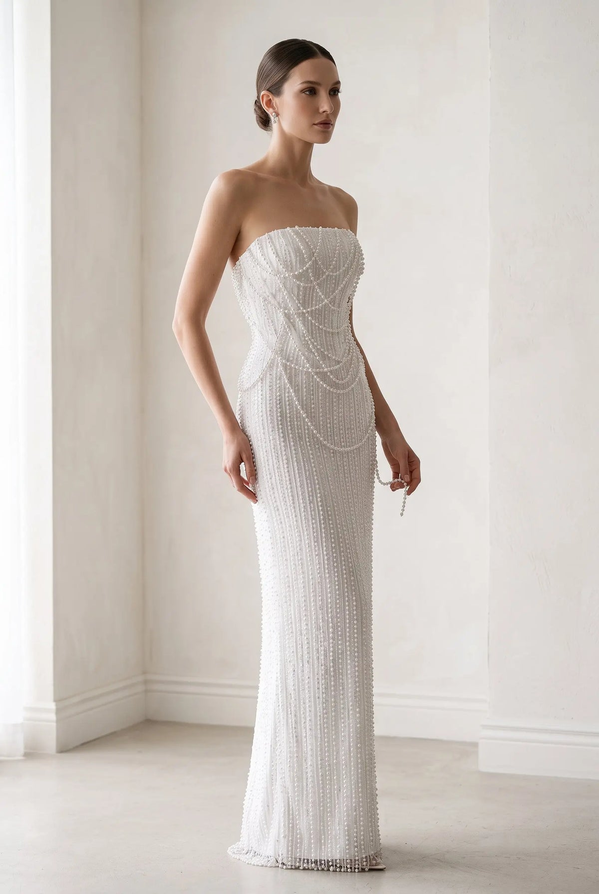 White Sequin Pearl Strapless Wedding Dress SW087