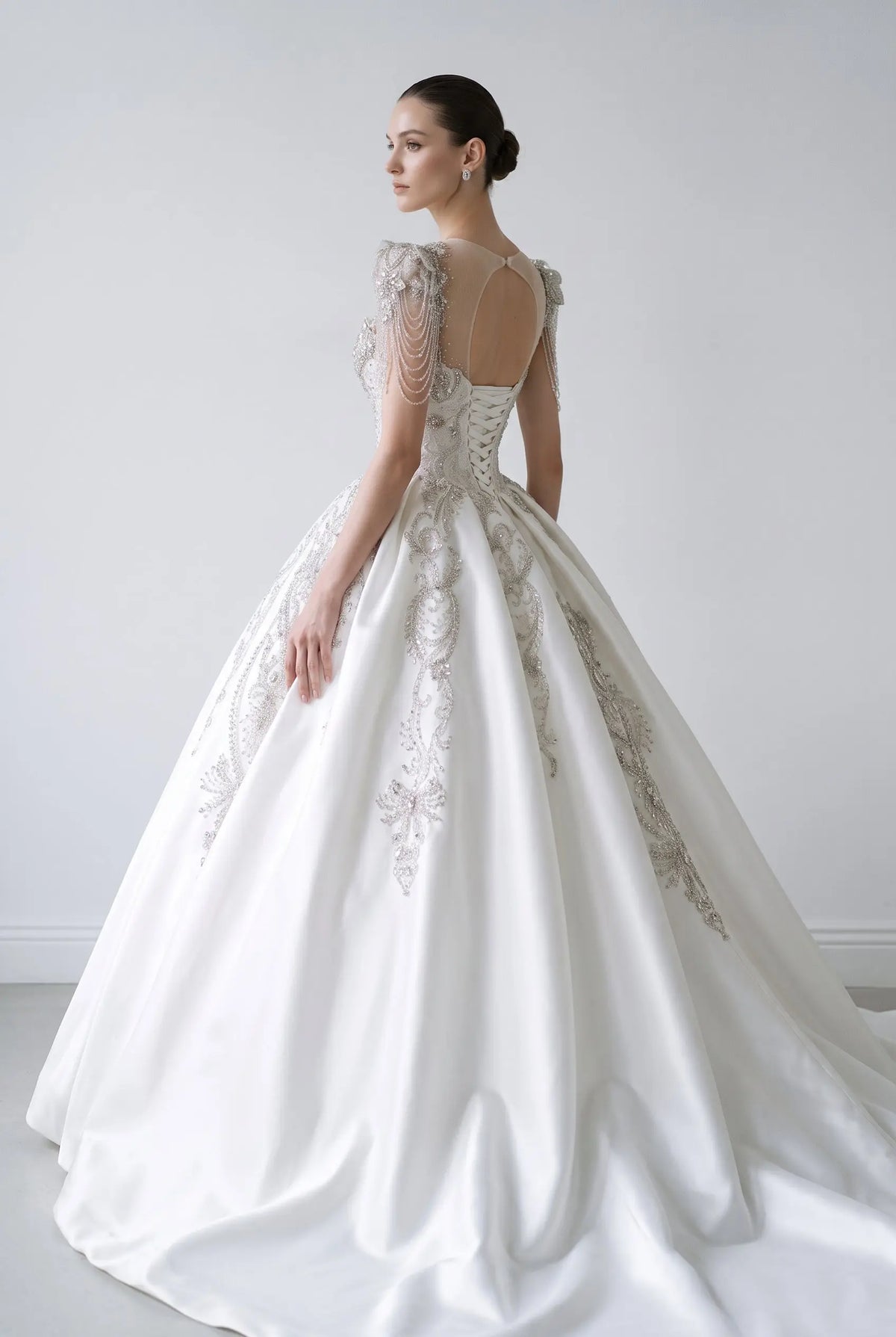 Ivory Satin Silver Ball Gown Wedding Dress SW605