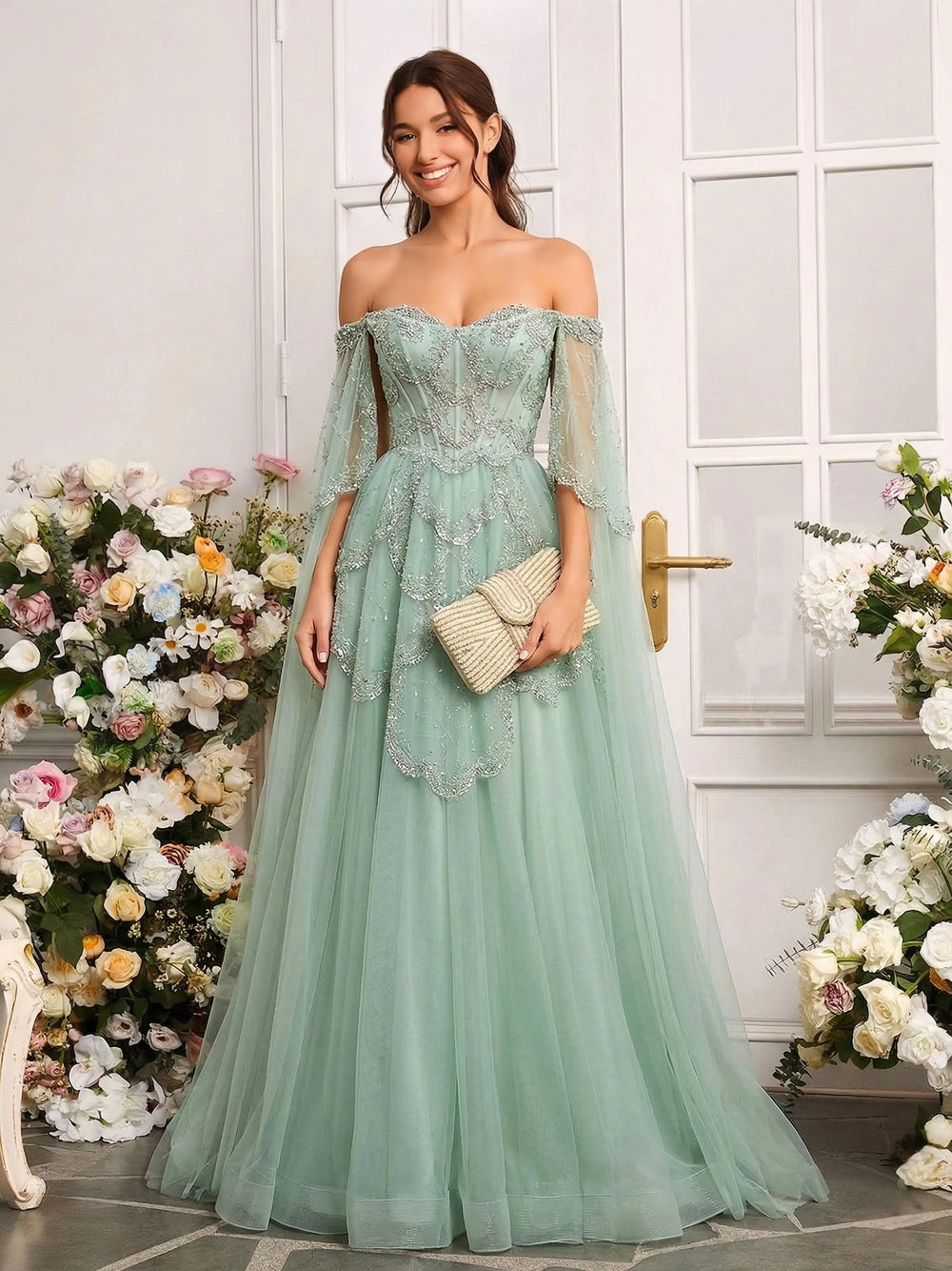 Elegant Off Shoulder Burgundy Prom Dress with Cape Sleeves SS215 