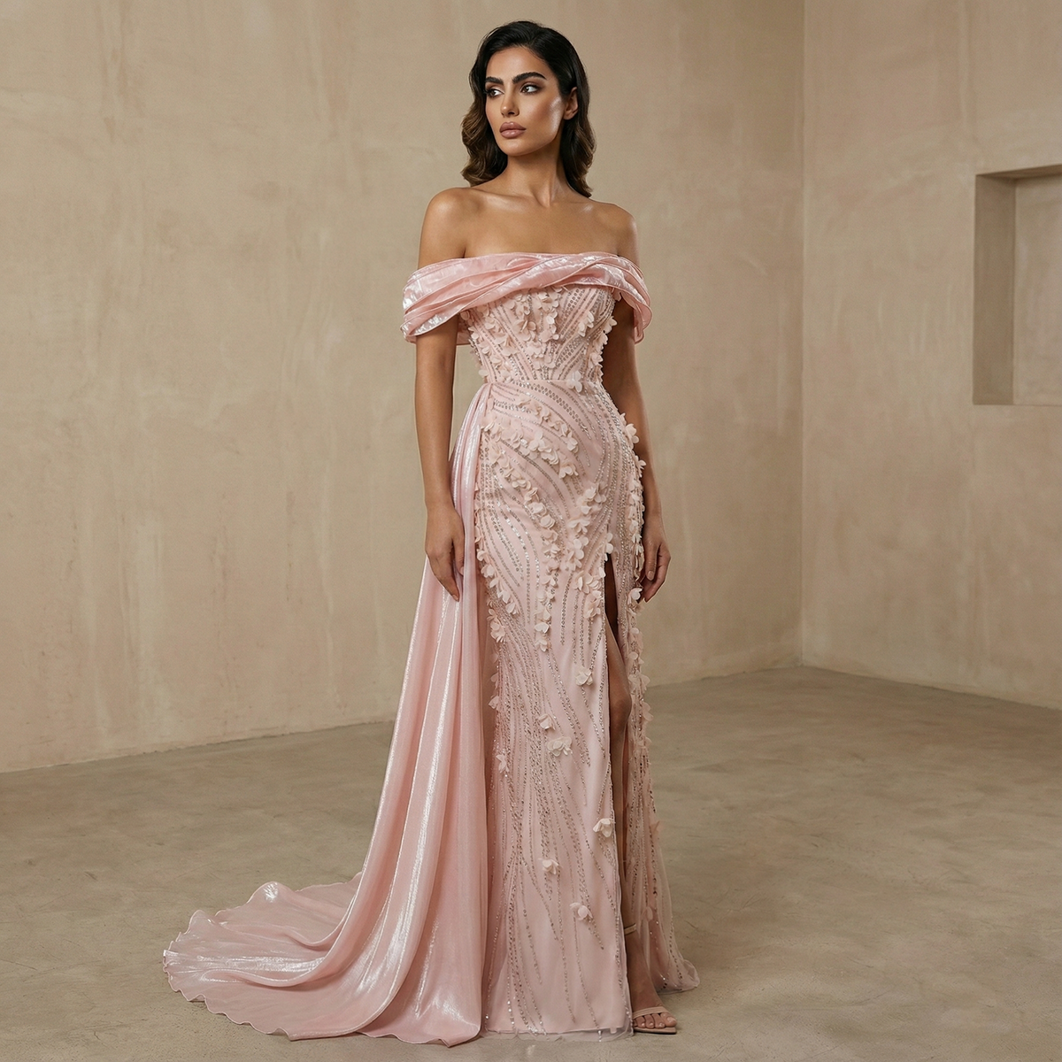 Glamorous Pink Sequin 3D Floral Off-the-Shoulder Evening Dress SS604 