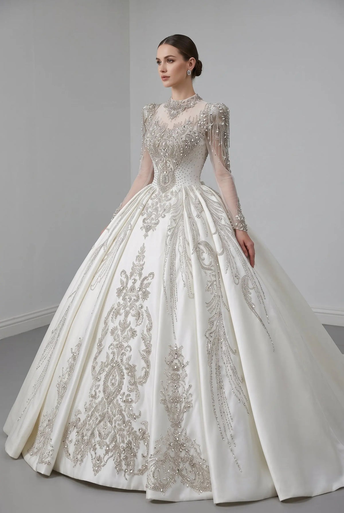 Ivory Long Sleeve Crystal Embroidered Dress SW602