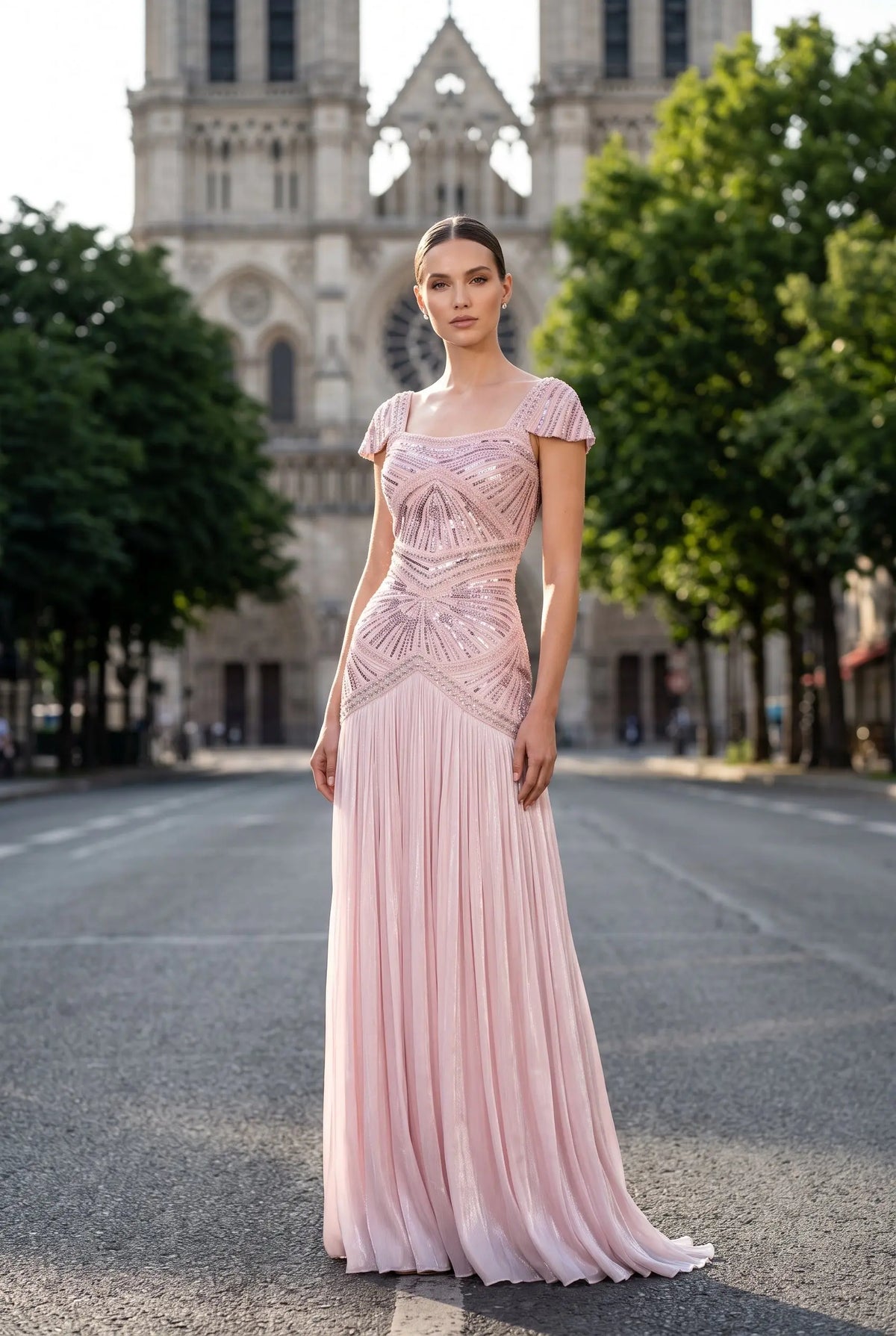 Rust Red Sequin Cap Sleeve Pleated Formal Evening Gown SS325