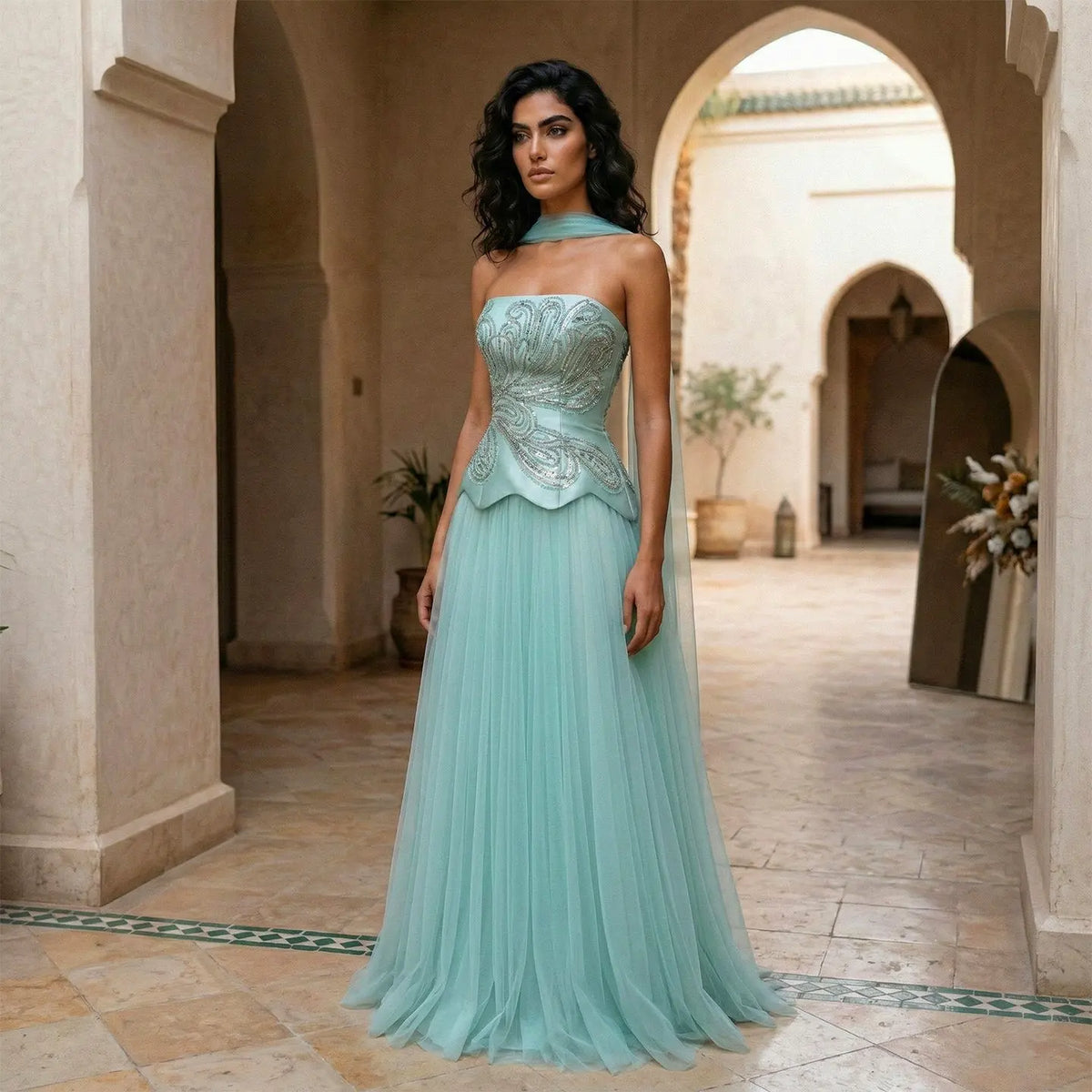 Luxury Aqua Strapless Sequin Cape A-line Evening Dress with Scarf SS413 Luxury Aqua Strapless Sequin Cape A-line Evening Dress with Scarf SS413