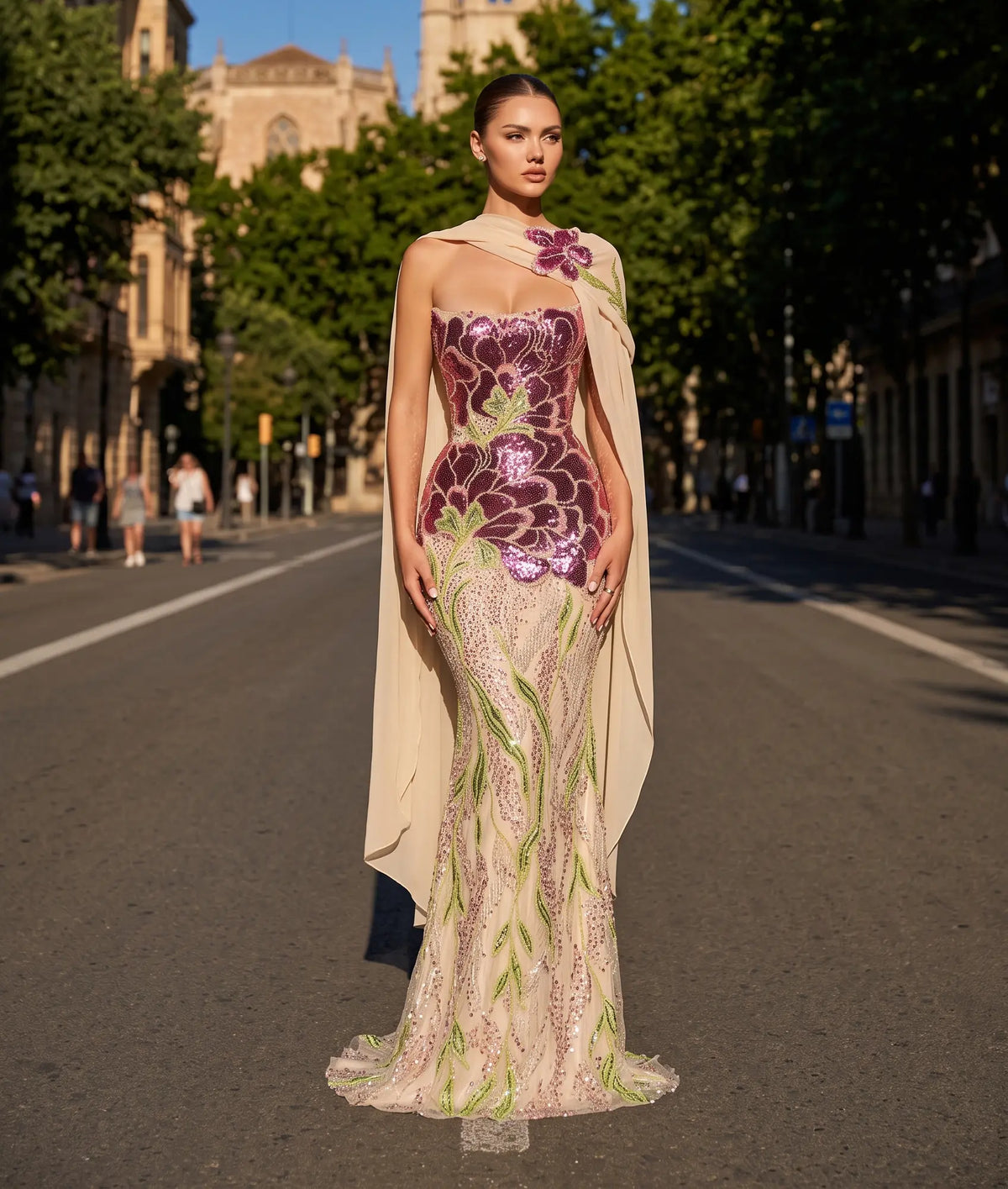 Luxury Purple Green Beaded sequin Cape Train Girls Formal  Evening Dress SS511