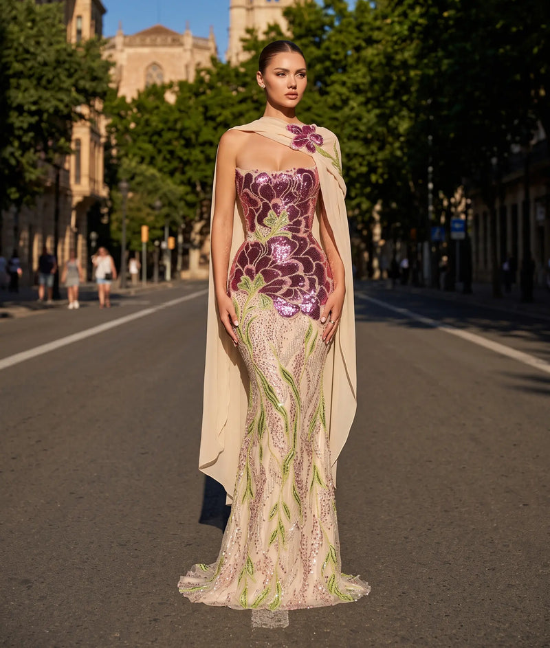 Luxury Purple Green Beaded sequin Cape Train Girls Formal  Evening Dress SS511