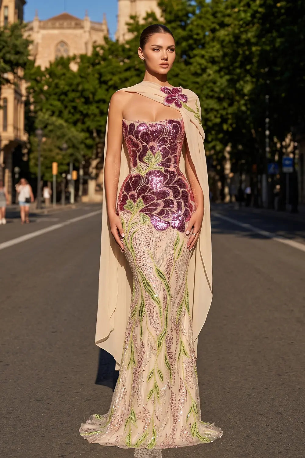 Luxury Purple Green Beaded sequin Cape Train Girls Formal  Evening Dress SS511