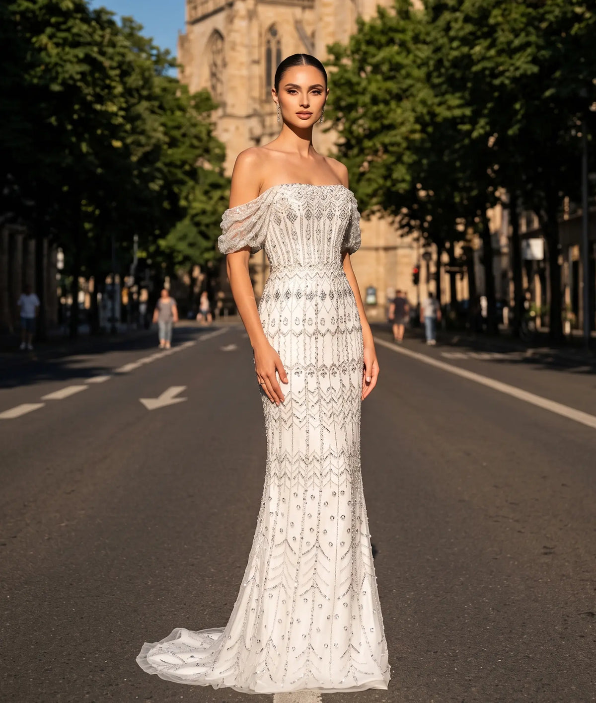 Luxury White Beaded Short Sleeves Evening Dress SS291