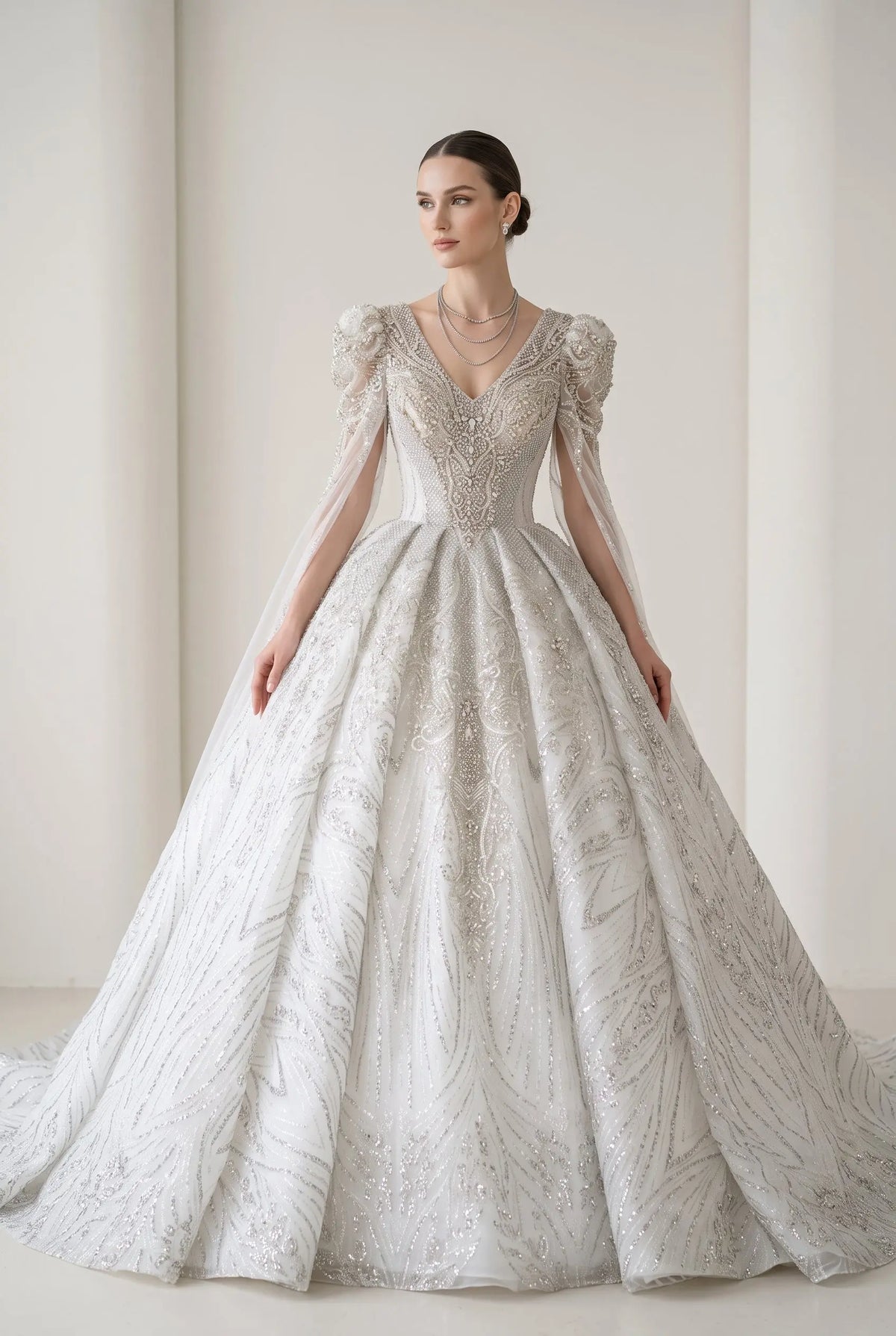 White Diamond Embroidered Long Sleeve Dress SW603
