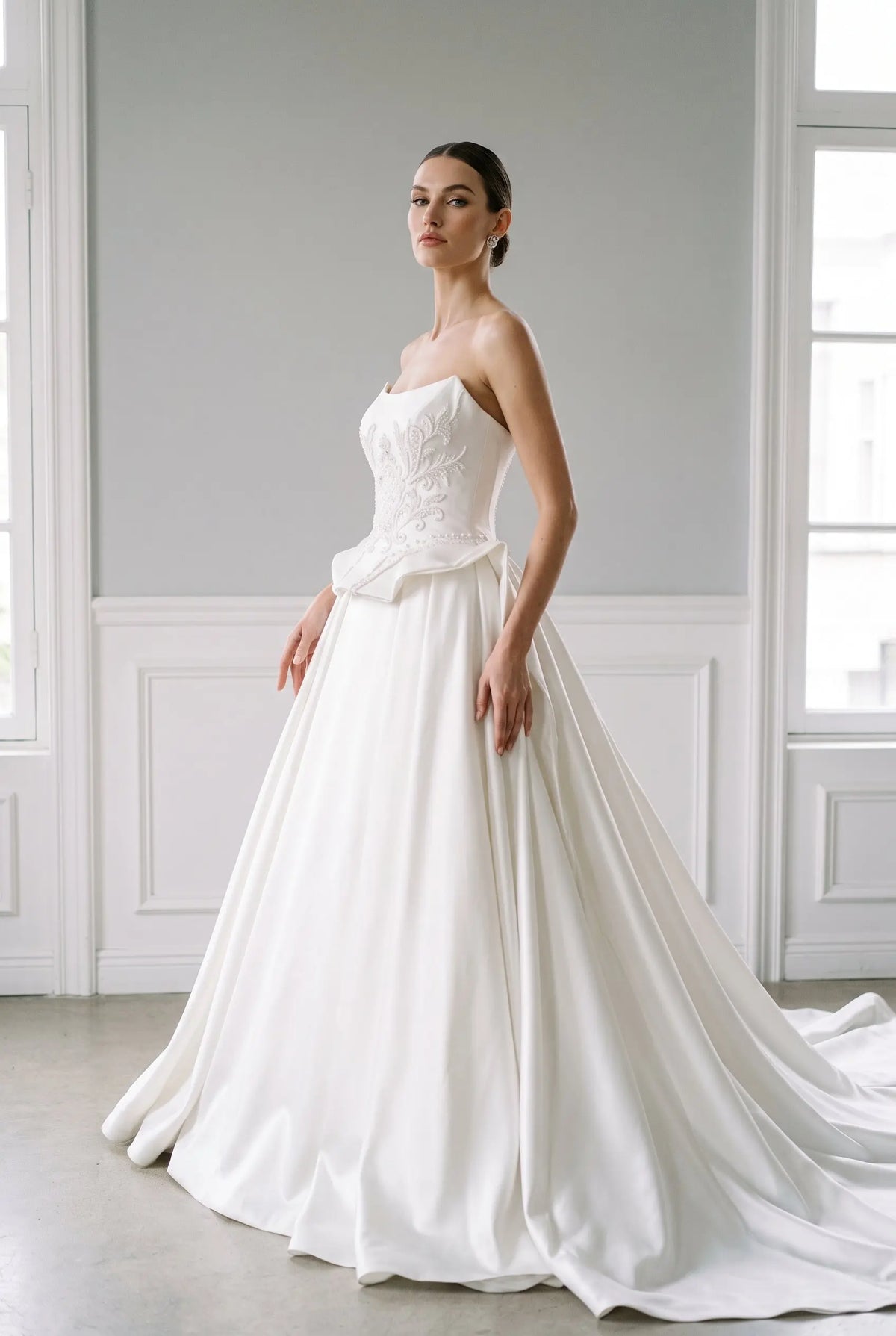 White Beaded Ball Gown Satin Wedding Dress SW599