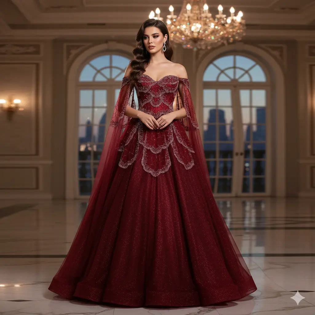 Elegant Off Shoulder Sage Green Evening Dress with Cape Sleeves SS215 