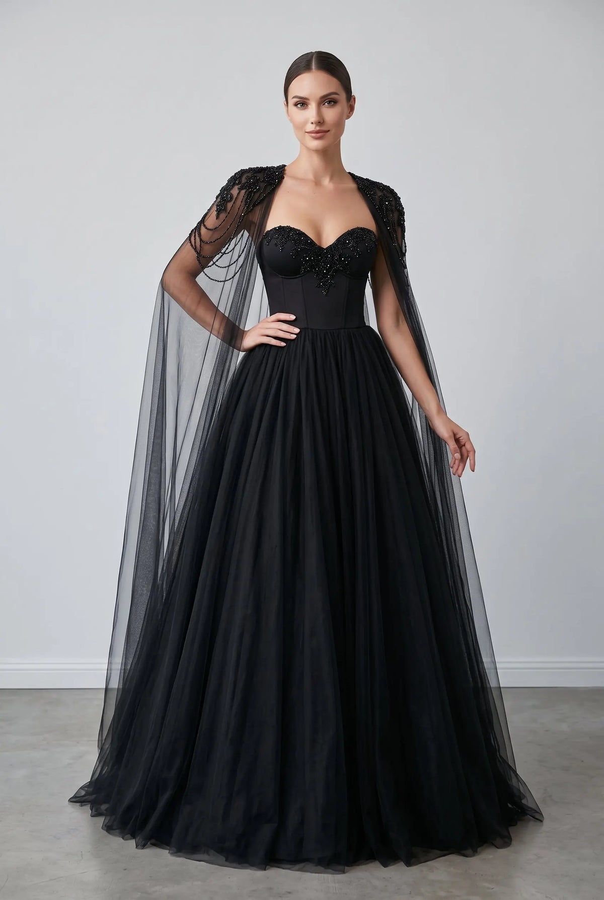 Black Gothic Beaded Tulle Ball Gown Dress SW564