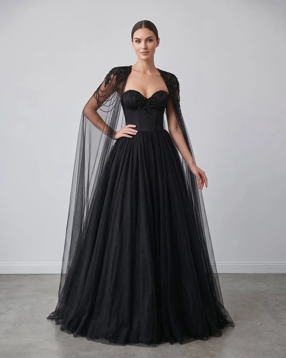 Black Gothic Beaded Tulle Ball Gown Dress SW564