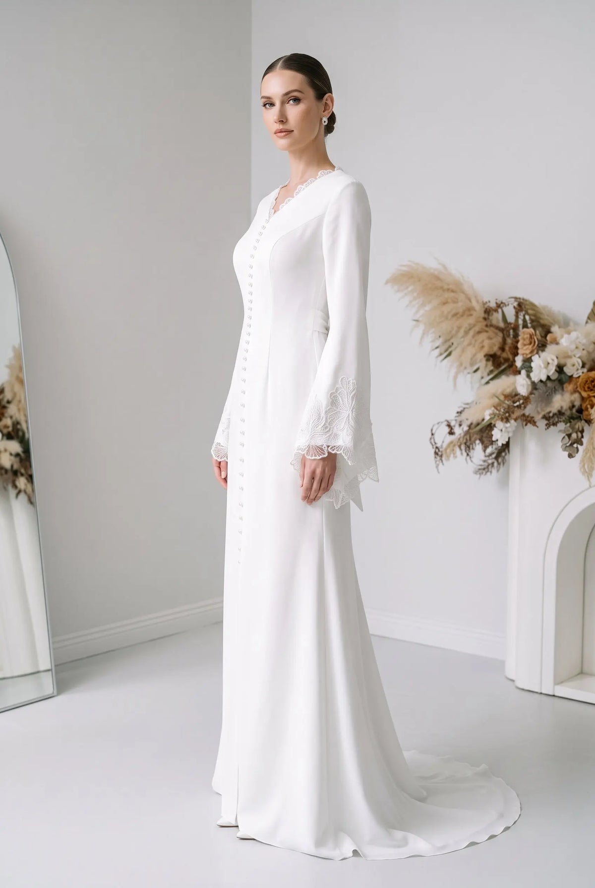 White Pearl High Neck Long Sleeve Dress SW584