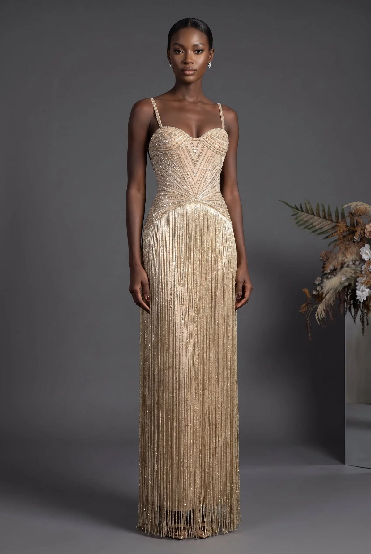Luxury Champagne Spaghetti Strap Beaded Tassel Mermaid Evening Dress SS522